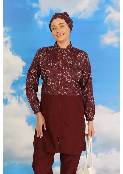 Moda Kadın Pantolonlu Desenli Tam Tesettür Mayo Bordo