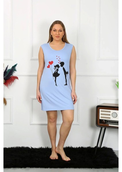 Moda Kadın Büyük Beden Kalın Askılı Penye Diz Üstü Mavi Gecelik modelleri