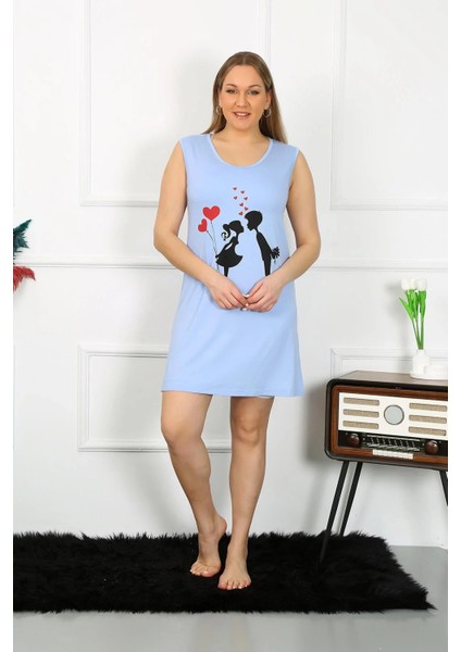 Moda Kadın Büyük Beden Kalın Askılı Penye Diz Üstü Mavi Gecelik fırsatları