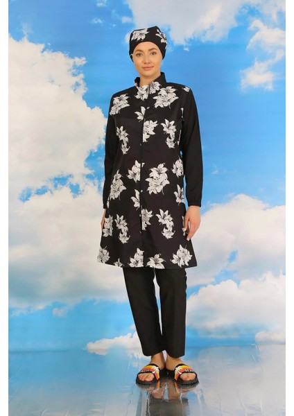 Moda Kadın Pantolonlu Desenli Tam Tesettür Mayo Siyah