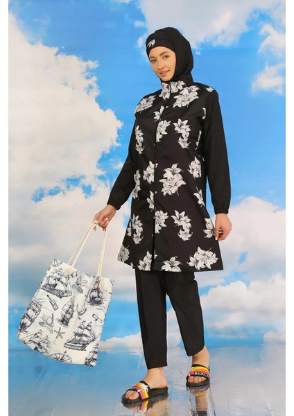 Moda Kadın Pantolonlu Desenli Tam Tesettür Mayo Siyah fiyatları