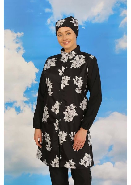 Moda Kadın Pantolonlu Desenli Tam Tesettür Mayo Siyah modelleri