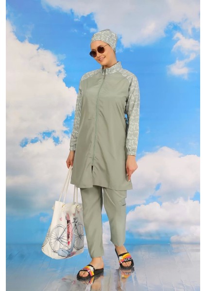 Moda Kadın Pantolonlu Desenli Tam Tesettür Mayo Su Yeşili