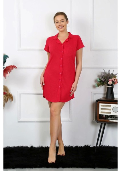 Moda Kadın Pamuk Dokuma Kısa Kol Düğmeli Kırmızı Tunik Gecelik fiyatları