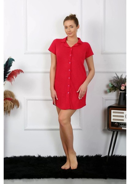Moda Kadın Pamuk Dokuma Kısa Kol Düğmeli Kırmızı Tunik Gecelik modelleri