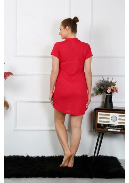 Moda Kadın Pamuk Dokuma Kısa Kol Düğmeli Kırmızı Tunik Gecelik fırsatları