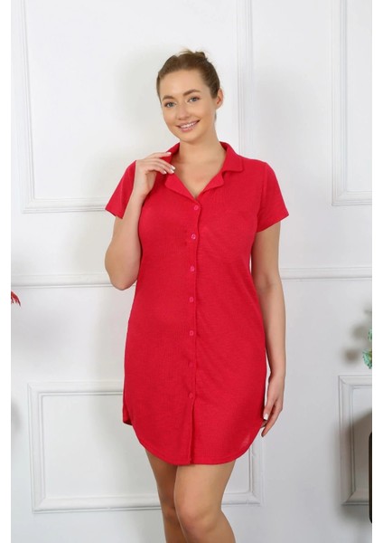 Moda Kadın Pamuk Dokuma Kısa Kol Düğmeli Kırmızı Tunik Gecelik