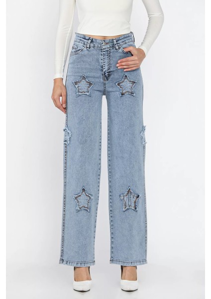 Kadın Yüksek Bel Yıldız Figürlü Likralı Palazzo Jean Kot Pantolon P-00018092