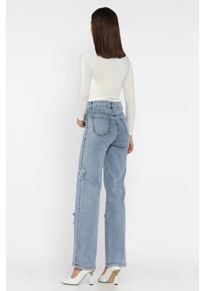 Kadın Yüksek Bel Yıldız Figürlü Likralı Palazzo Jean Kot Pantolon P-00018092 modelleri