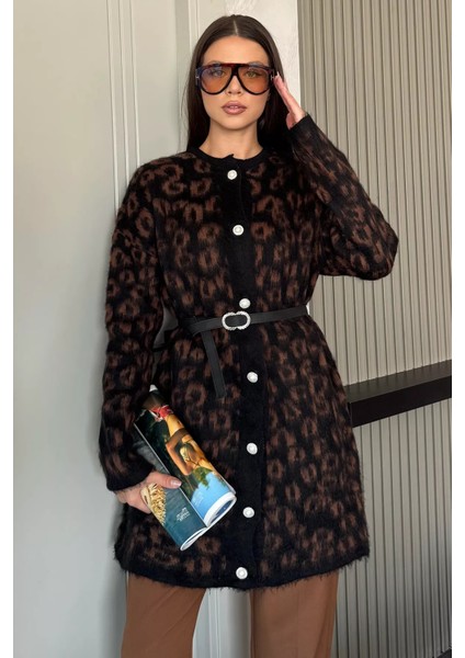 Desenli Kemer Aksesuarlı Tesettür Triko Hırka P-00018376