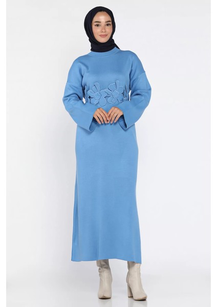 Bisiklet Yaka Çiçek Figürlü Tesettür Triko Elbise P-00018363