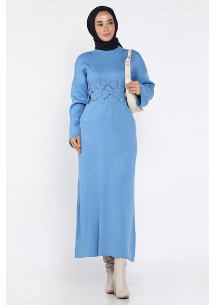 Bisiklet Yaka Çiçek Figürlü Tesettür Triko Elbise P-00018363 modelleri