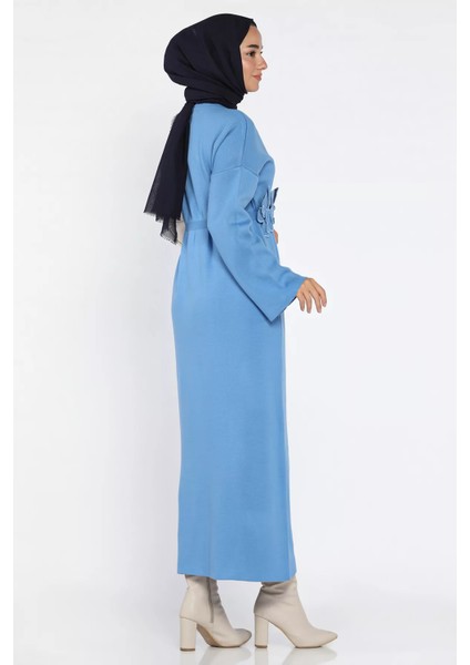 Bisiklet Yaka Çiçek Figürlü Tesettür Triko Elbise P-00018363 fırsatları