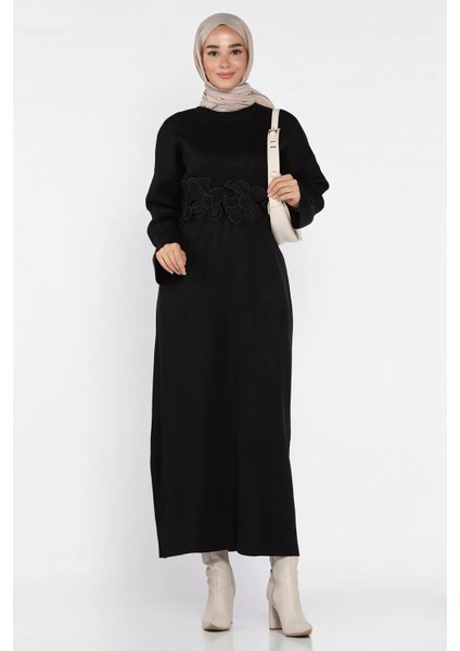 Bisiklet Yaka Çiçek Figürlü Tesettür Triko Elbise P-00018363