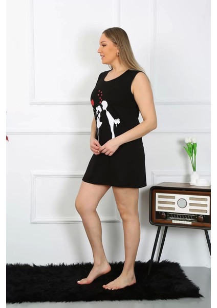 Moda Kadın Büyük Beden Kalın Askılı Penye Diz Üstü Siyah Gecelik modelleri