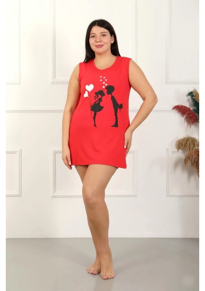 Moda Kadın Büyük Beden Kalın Askılı Penye Diz Üstü Kırmızı Gecelik fiyatları