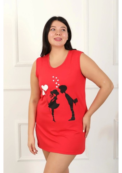 Moda Kadın Büyük Beden Kalın Askılı Penye Diz Üstü Kırmızı Gecelik modelleri