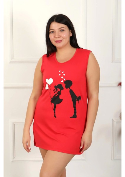 Moda Kadın Büyük Beden Kalın Askılı Penye Diz Üstü Kırmızı Gecelik indirimleri