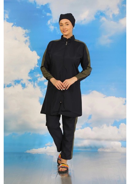 Moda Kadın Pantolonlu Kolu Şeritli Tam Tesettür Mayo Lacivert fiyatları