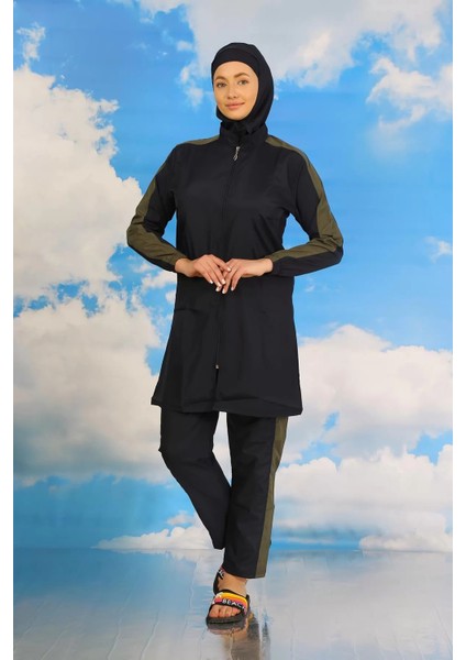 Moda Kadın Pantolonlu Kolu Şeritli Tam Tesettür Mayo Lacivert fırsatları