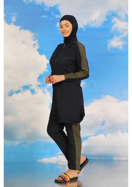 Moda Kadın Pantolonlu Kolu Şeritli Tam Tesettür Mayo Lacivert indirimleri