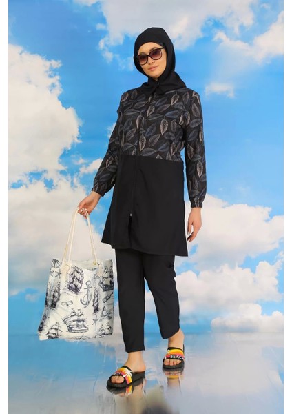 Moda Kadın Pantolonlu Desenli Tam Tesettür Mayo Lacivert