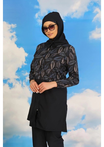 Moda Kadın Pantolonlu Desenli Tam Tesettür Mayo Lacivert fırsatları