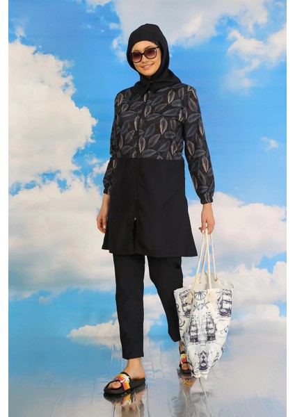 Moda Kadın Pantolonlu Desenli Tam Tesettür Mayo Lacivert indirimleri