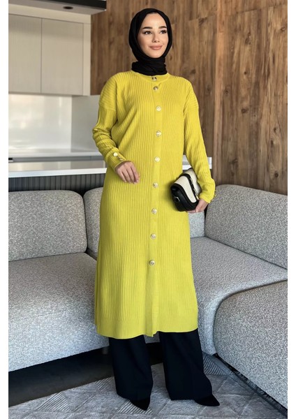 Gold Düğmeli Kendinden Çizgi Desenli Tesettür Triko Hırka P-00018361 fiyatları