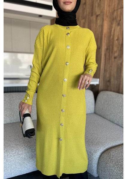 Gold Düğmeli Kendinden Çizgi Desenli Tesettür Triko Hırka P-00018361 modelleri