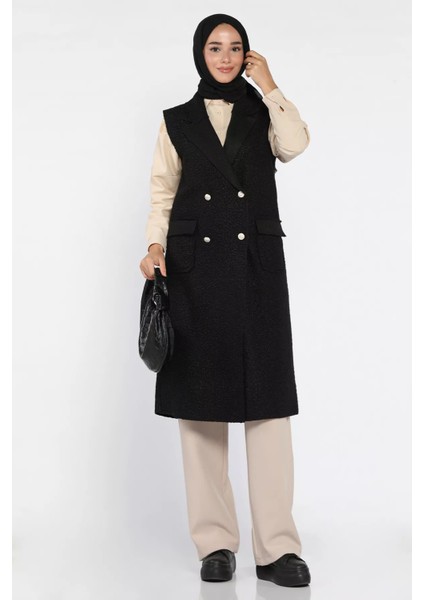 Gold Düğme Detaylı Çift Cepli Tesettür Buklet Yelek P-00018413