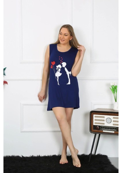 Moda Kadın Büyük Beden Kalın Askılı Penye Diz Üstü Lacivert Gecelik