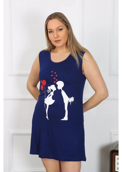 Moda Kadın Büyük Beden Kalın Askılı Penye Diz Üstü Lacivert Gecelik modelleri