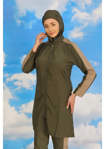 Moda Kadın Pantolonlu Kolu Şeritli Tam Tesettür Mayo Haki