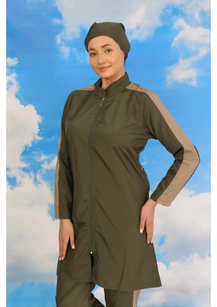 Moda Kadın Pantolonlu Kolu Şeritli Tam Tesettür Mayo Haki fiyatları