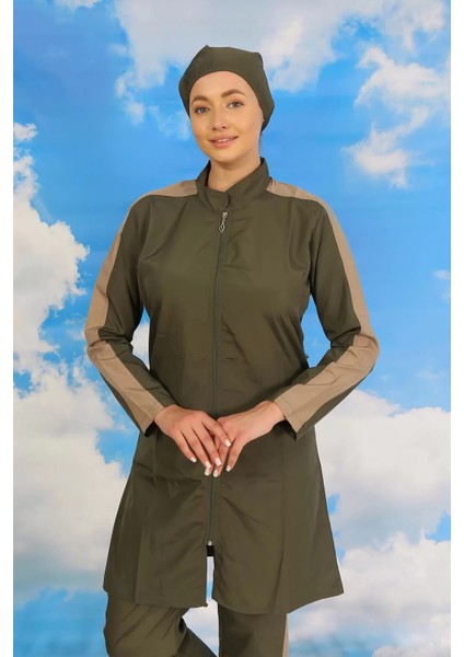 Moda Kadın Pantolonlu Kolu Şeritli Tam Tesettür Mayo Haki modelleri