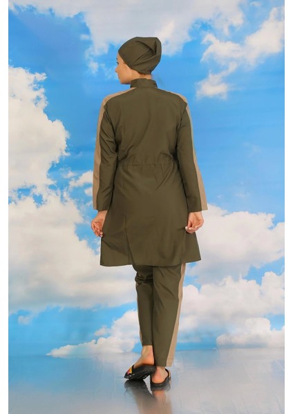 Moda Kadın Pantolonlu Kolu Şeritli Tam Tesettür Mayo Haki indirimleri