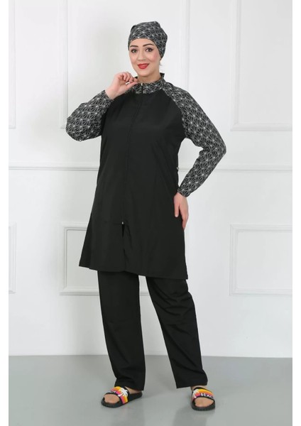 Moda Büyük Beden Desenli Tesettür Mayo Siyah fiyatları