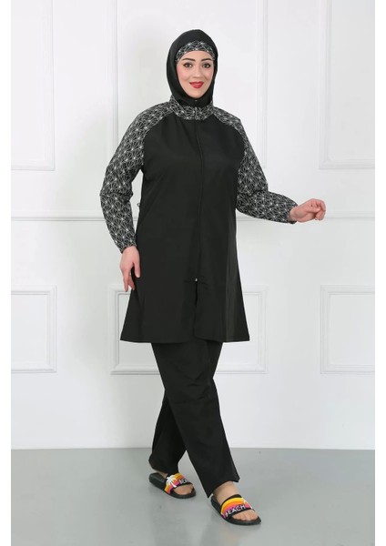Moda Büyük Beden Desenli Tesettür Mayo Siyah fırsatları
