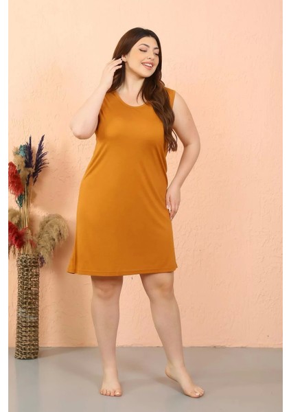 Moda Kadın Büyük Beden Penye Kalın Askılı Hardal Gecelik fırsatları