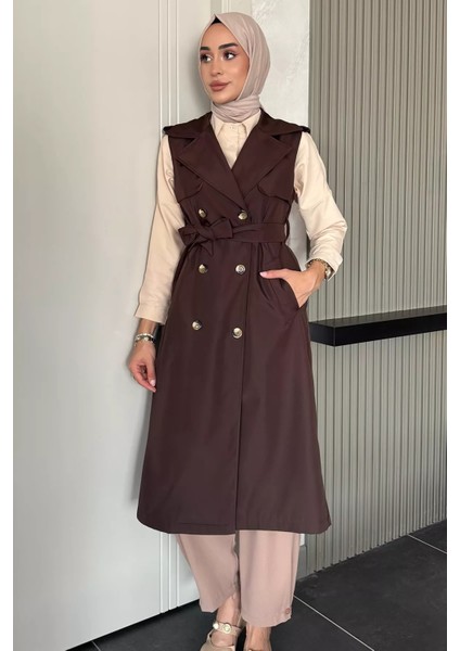 Kruvaze Yaka Bel Kuşak Detaylı Ön Düğmeli Tesettür Trençkot P-00018244
