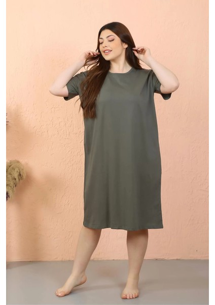 Moda Kadın Büyük Beden Penye Kısa Kol Haki Gecelik fiyatları