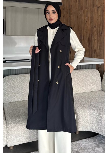 Kruvaze Yaka Bel Kuşak Detaylı Ön Düğmeli Tesettür Trençkot P-00018244