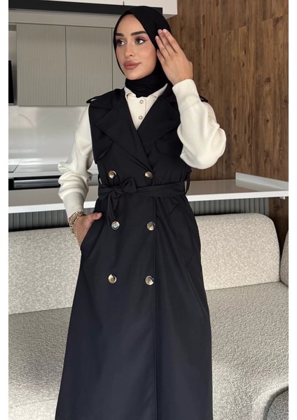 Kruvaze Yaka Bel Kuşak Detaylı Ön Düğmeli Tesettür Trençkot P-00018244 fiyatları
