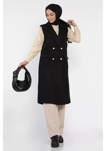 Gold Düğme Detaylı Çift Cepli Tesettür Buklet Yelek P-00018413 fiyatları