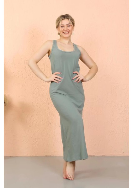 Moda Kadın Kalın Askılı Yırtmaçlı Uzun Mint Yeşili Gecelik fiyatları