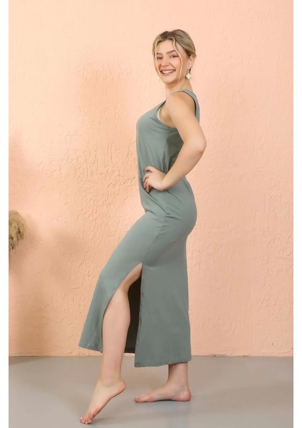 Moda Kadın Kalın Askılı Yırtmaçlı Uzun Mint Yeşili Gecelik modelleri