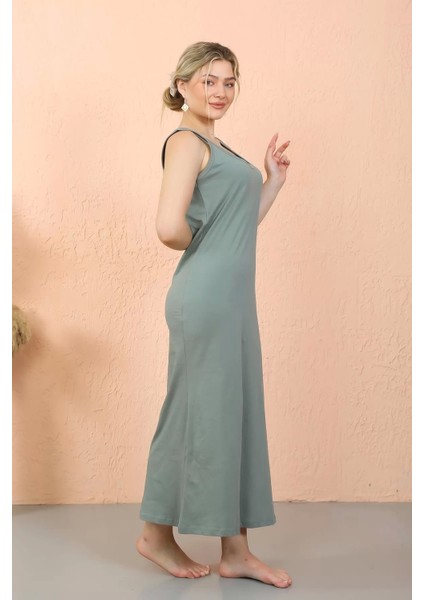 Moda Kadın Kalın Askılı Yırtmaçlı Uzun Mint Yeşili Gecelik fırsatları