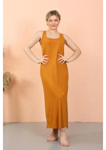 Moda Kadın Kalın Askılı Yırtmaçlı Uzun Hardal Gecelik modelleri