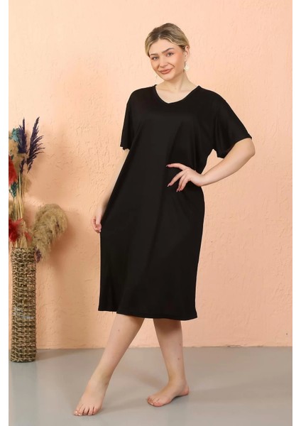 Moda Kadın Kısa Kol Diz Altı Over Size Siyah Ev Elbisesi - Geceliği fiyatları